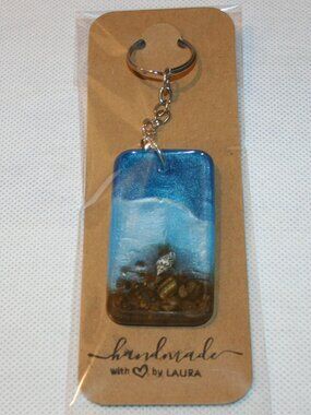 Handmade Resin Beach Scene Keychain Coastal Ocean Sand Shells Purse 2.375 x 1.25